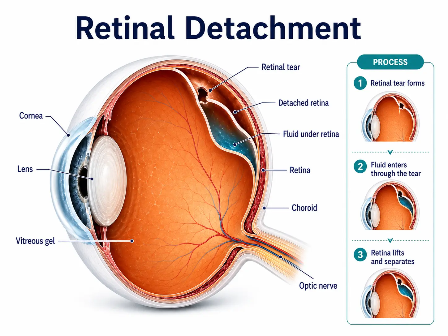 Retinal detachment diagram showing a retinal tear, fluid under the retina, and separation of the retina