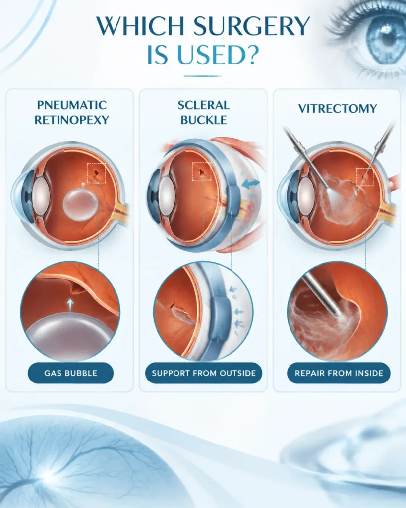 Retinal detachment surgery options showing pneumatic retinopexy, scleral buckle, and vitrectomy