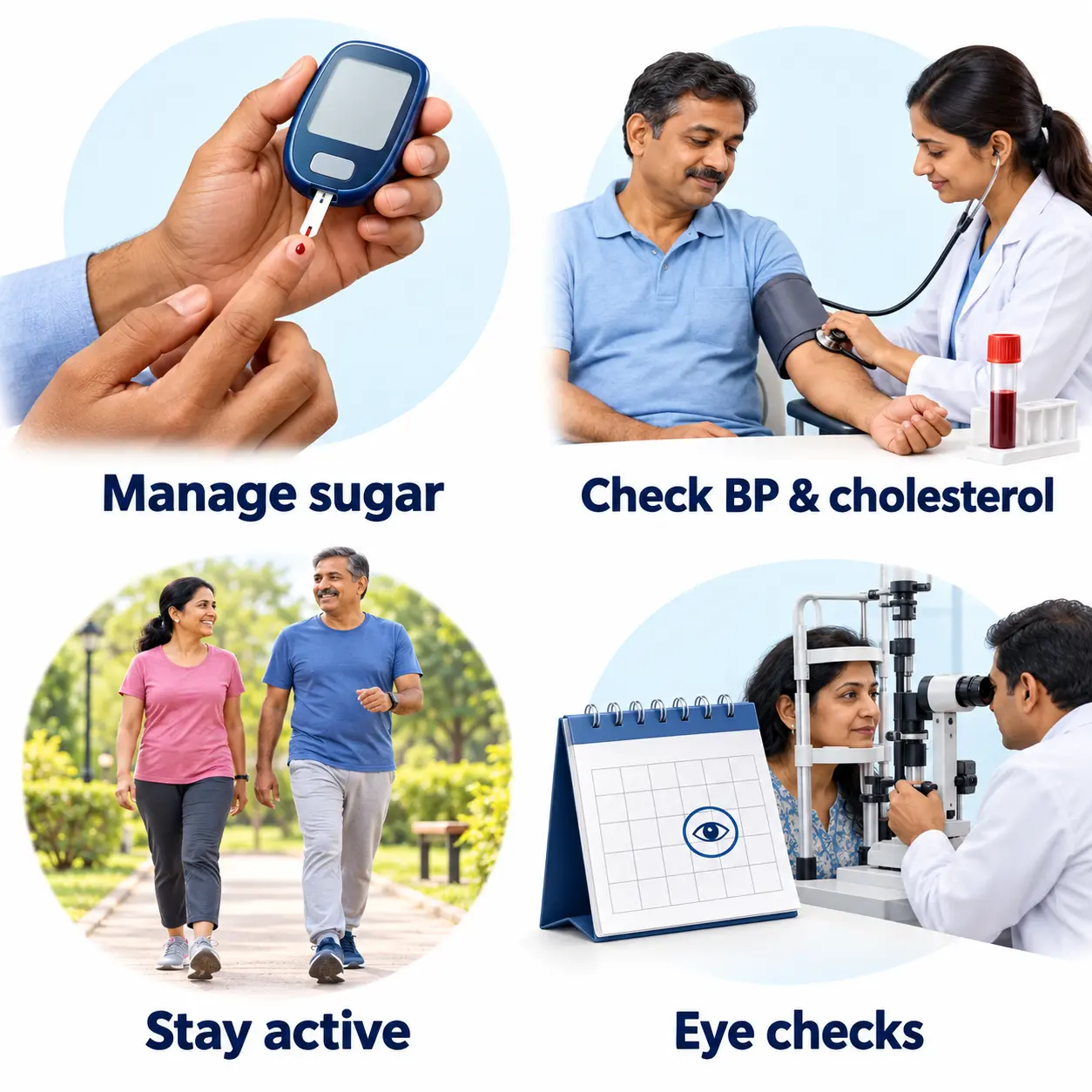 Ways to protect your eyes with diabetes: manage sugar, check blood pressure and cholesterol, stay active and get eye checks
