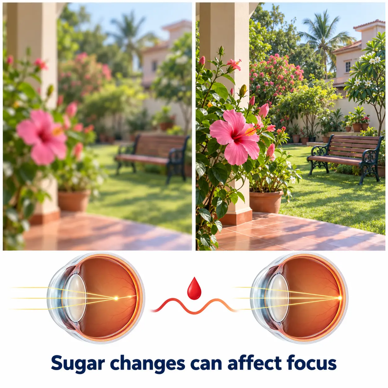 Blurred and clear views of the same garden showing how blood sugar changes can affect focus