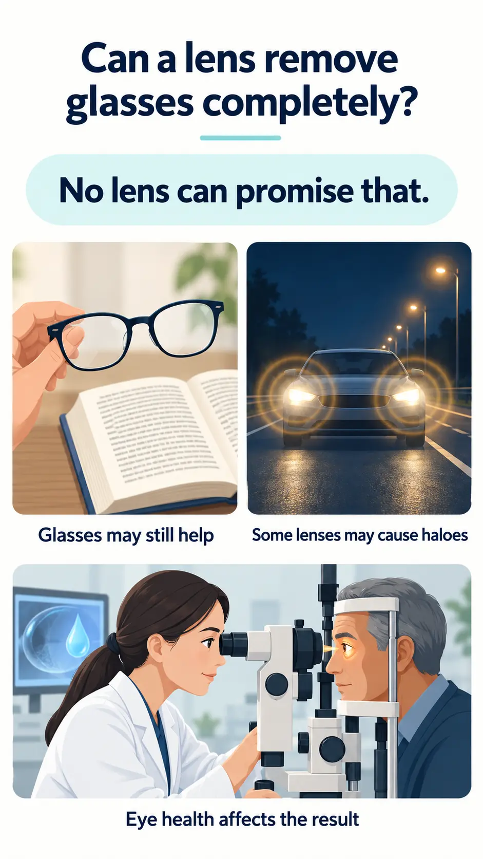 Eye doctor examining a patient after lens surgery, highlighting that glasses may still be needed and some lenses can cause halos