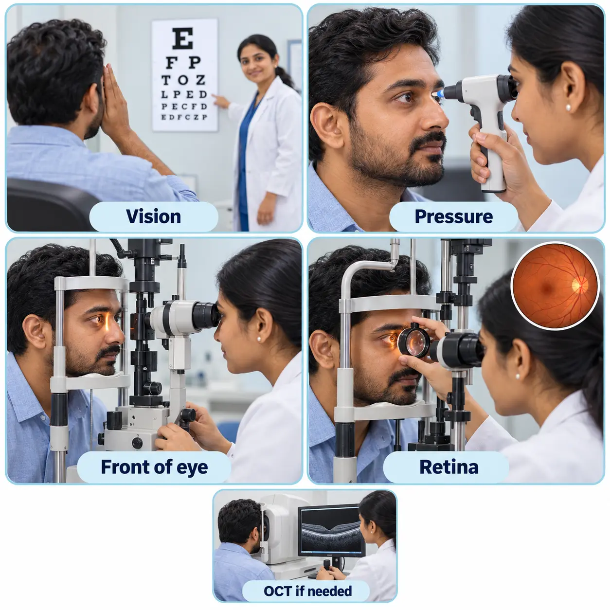 Diabetic eye exam steps: vision test, eye pressure check, front of eye exam, retina exam and OCT scan