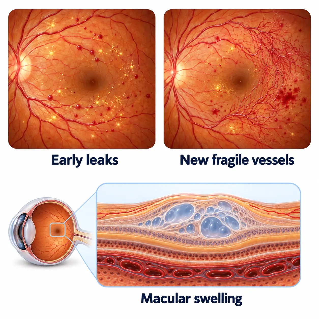 Diabetic retinopathy illustration showing early leaks, new fragile blood vessels and macular swelling
