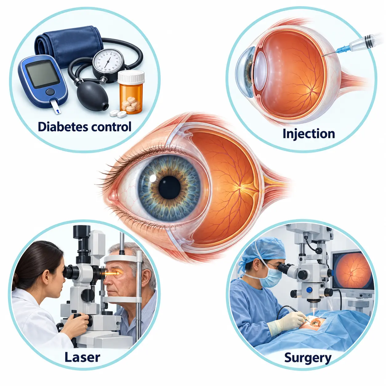 Diabetic eye disease treatment options: diabetes control, eye injections, laser and surgery
