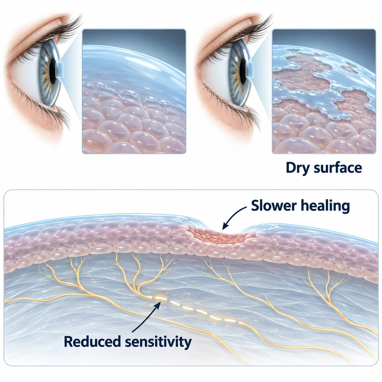 Illustration of a dry eye surface with slower healing and reduced corneal sensitivity