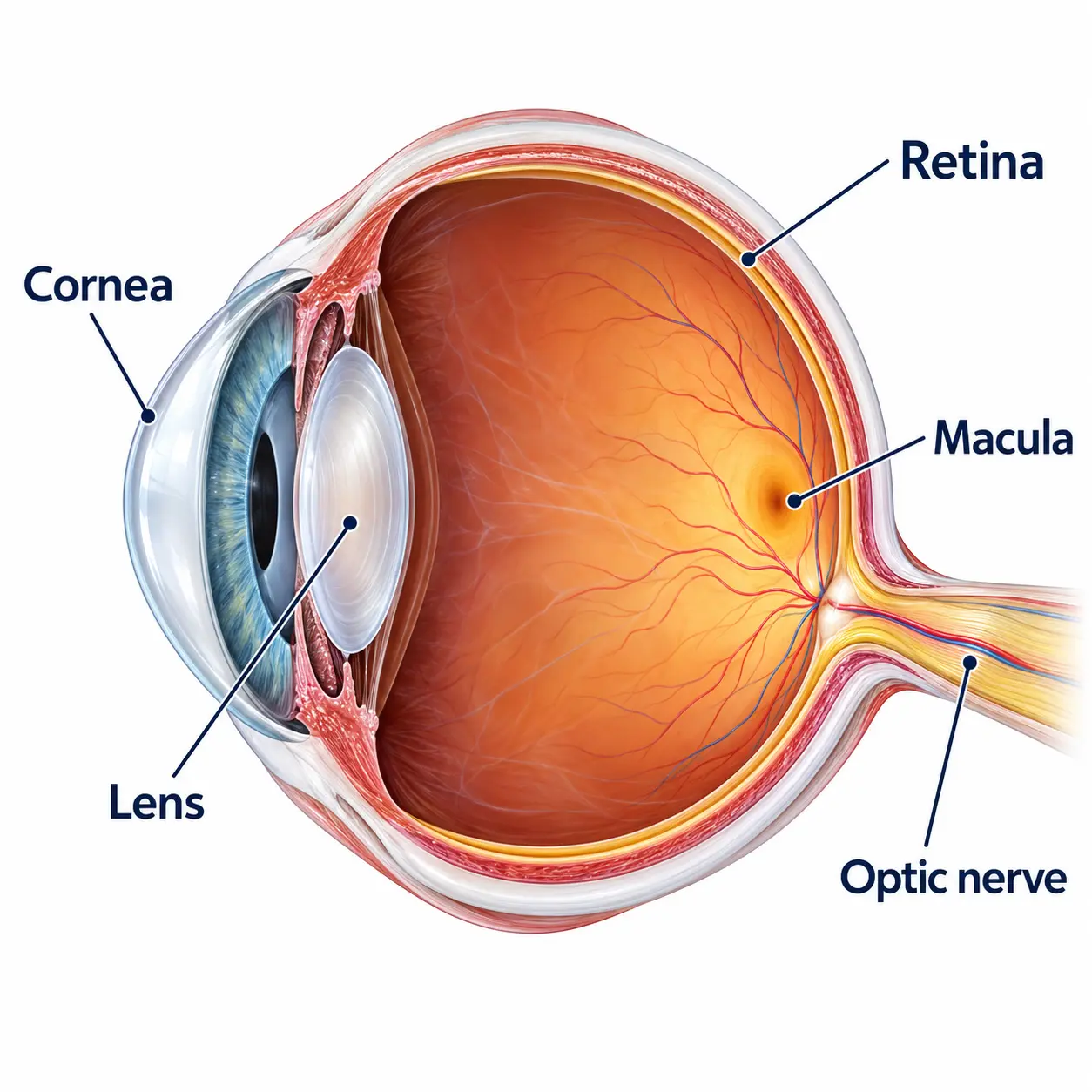 Eye anatomy diagram labelling the cornea, lens, retina, macula and optic nerve