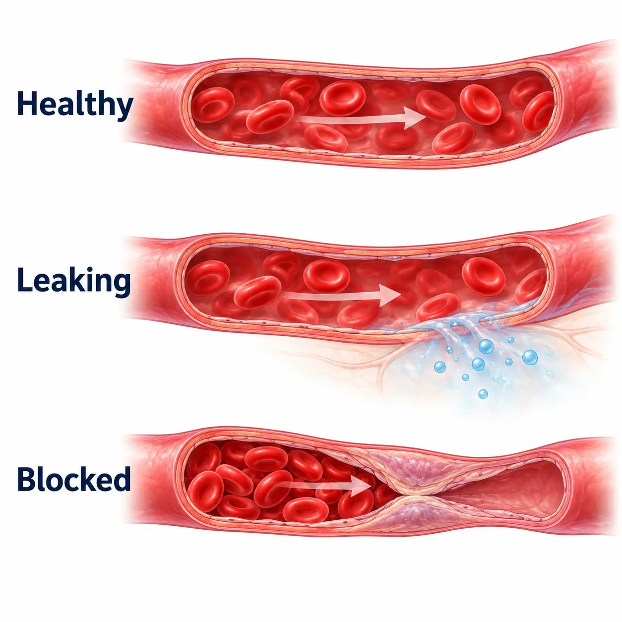 Illustration of healthy, leaking and blocked blood vessels showing how high blood sugar changes blood flow