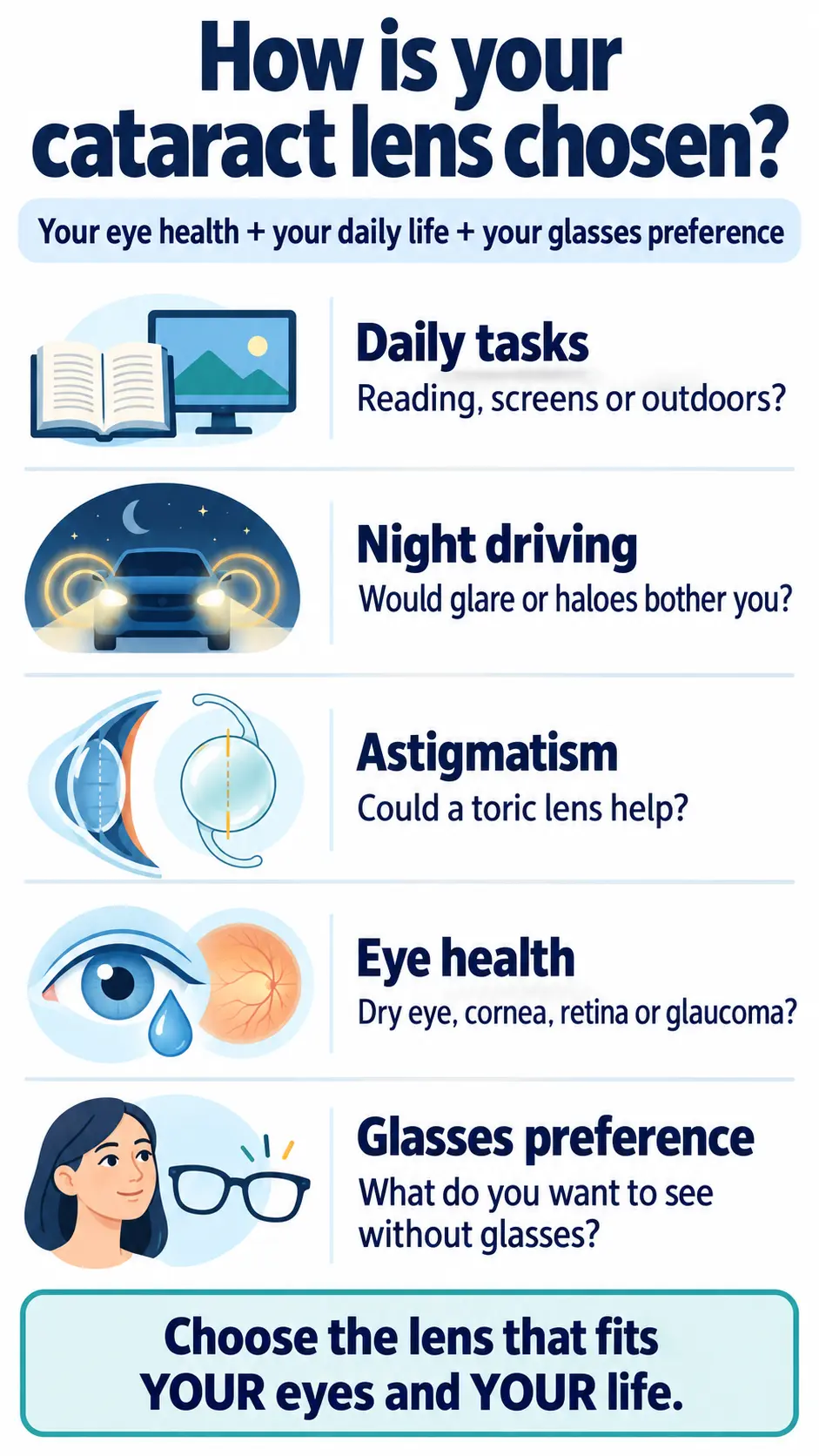 Infographic explaining how cataract lens choice depends on daily activities, night driving, astigmatism, eye health, and preference for glasses
