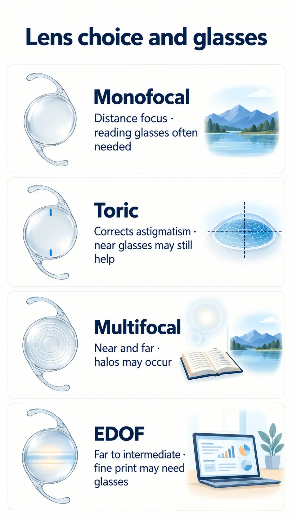 Comparison of monofocal, toric, multifocal, and EDOF lenses, showing their vision focus and potential need for glasses