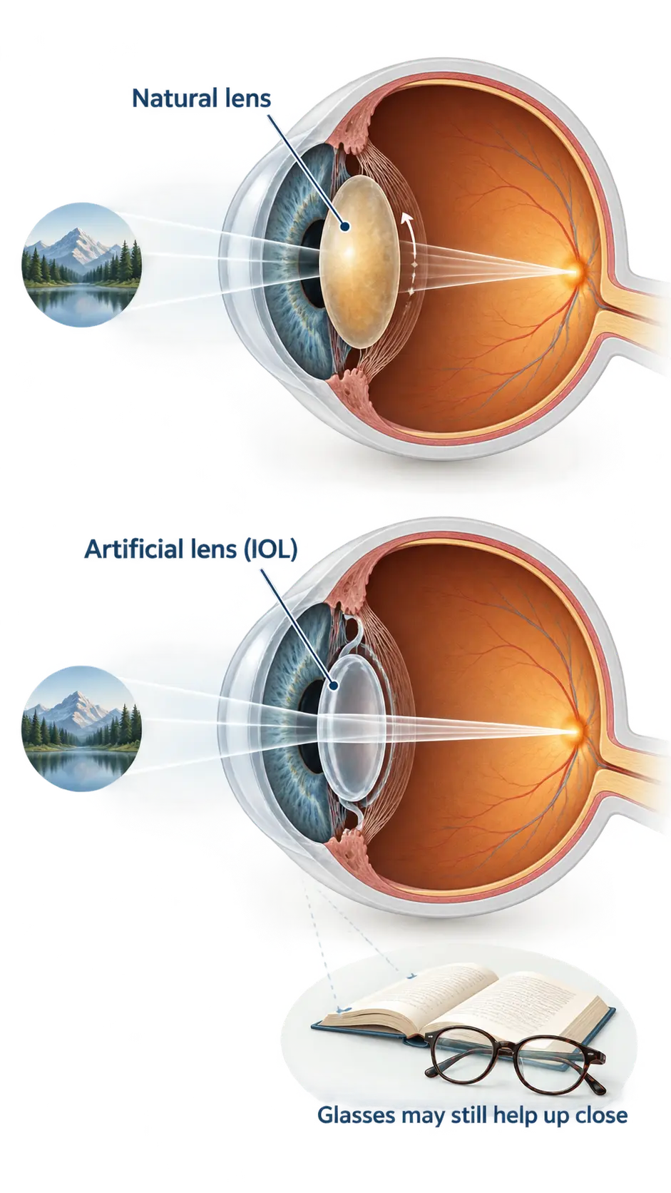 Eye diagram comparing the natural lens and artificial intraocular lens (IOL), showing how vision is focused on the retina and why glasses may still be needed for near vision