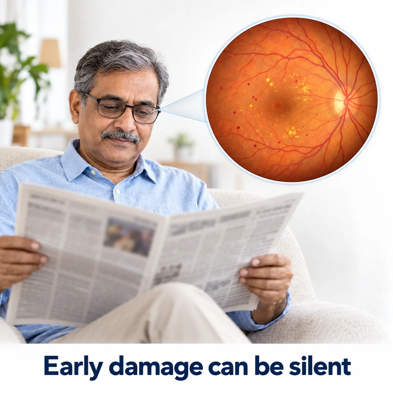 Older man reading a newspaper with a retina illustration, showing that early diabetic eye damage can be silent