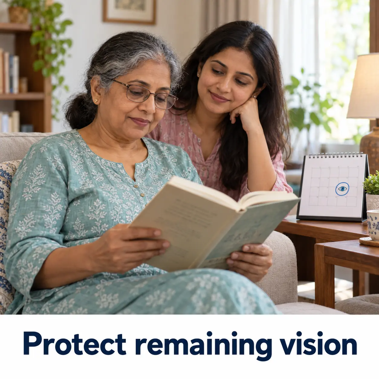 Older woman reading a book with her daughter, a reminder that treatment protects remaining vision