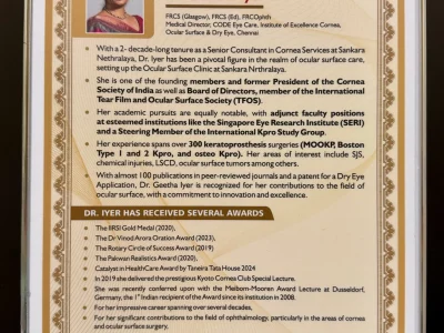Dr Geetha Iyer 30 Honoured with the M. M. Joshi Oration Award for outstanding contributions to cornea and ocular surface care